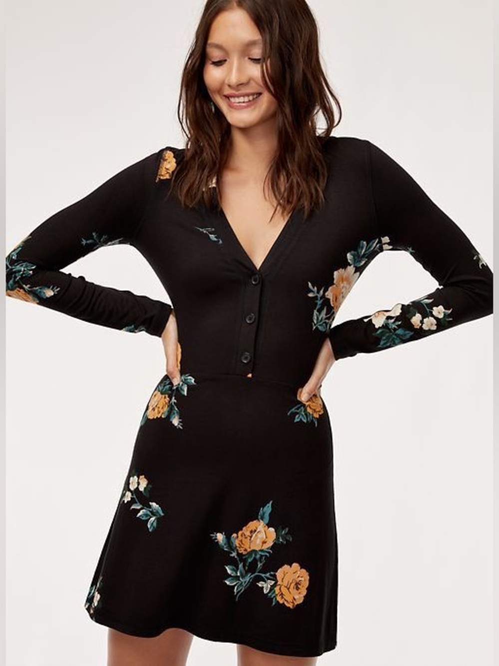 ARITZIA WILFRED Roslin Black Floral V-Neck Long Sleeve Dress (S)